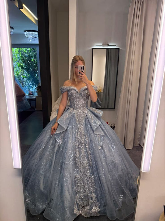 Chic Straps A-Line Tulle Long Evening Dress Ice Blue Prom Dress DP08021