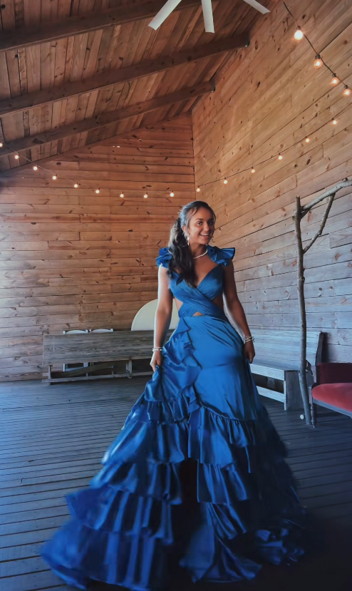 Schönes langes Abendkleid aus Satin in A-Linie, marineblaues Ballkleid DP08031