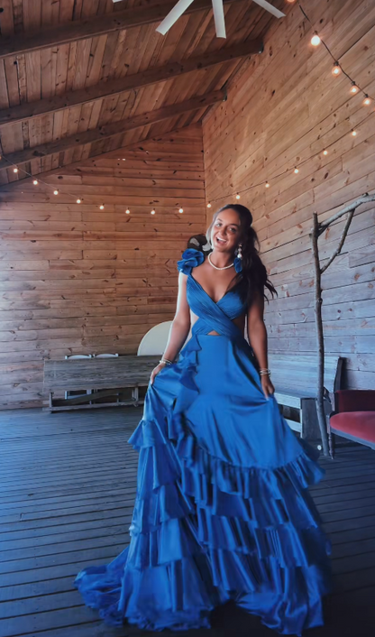 Schönes langes Abendkleid aus Satin in A-Linie, marineblaues Ballkleid DP08031