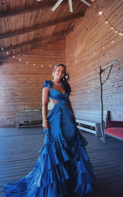 Schönes langes Abendkleid aus Satin in A-Linie, marineblaues Ballkleid DP08031