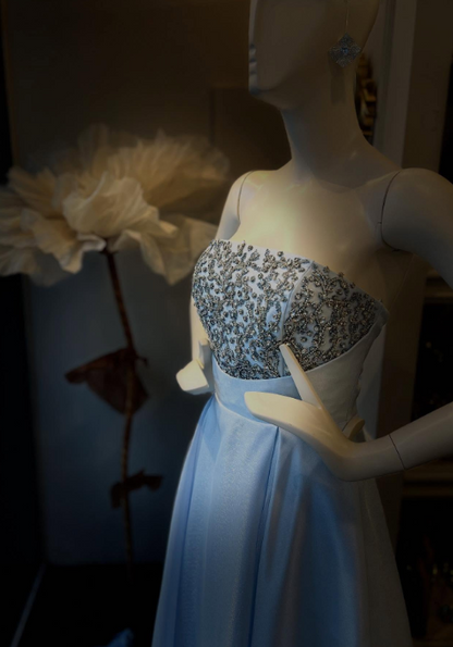 Schönes langes Abendkleid aus Satin in A-Linie, blaues Ballkleid DP08035