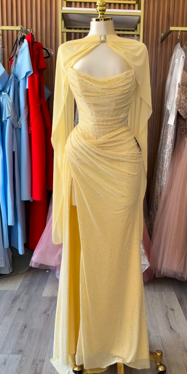 Pretty Sheath Chiffon Long Evening Dress Yellow Prom Dress DP08037