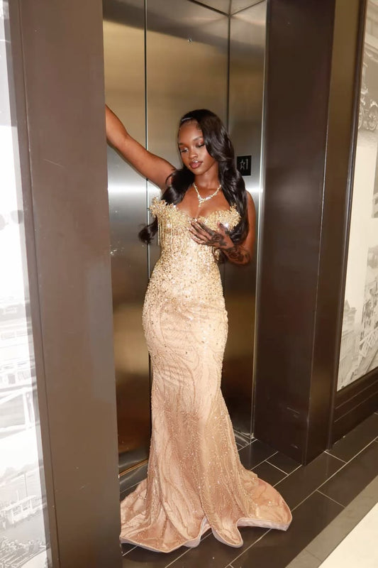 Pretty Mermaid Beaded Satin Long Evening Dress Gold Prom Dress DP08039