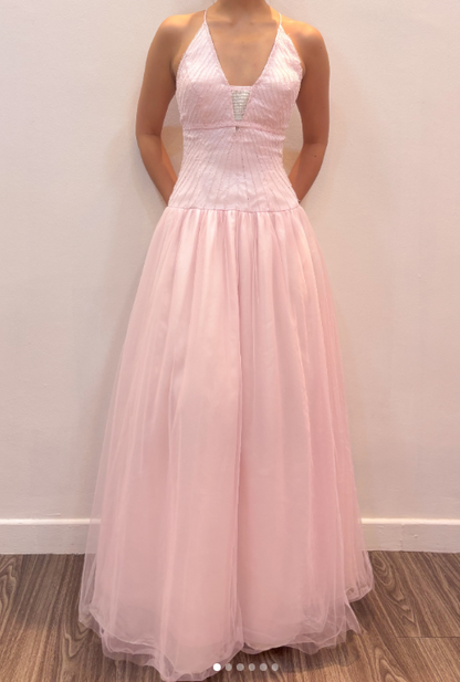 Niedliches langes Abendkleid aus Tüll in A-Linie, rosa Ballkleid DP08043