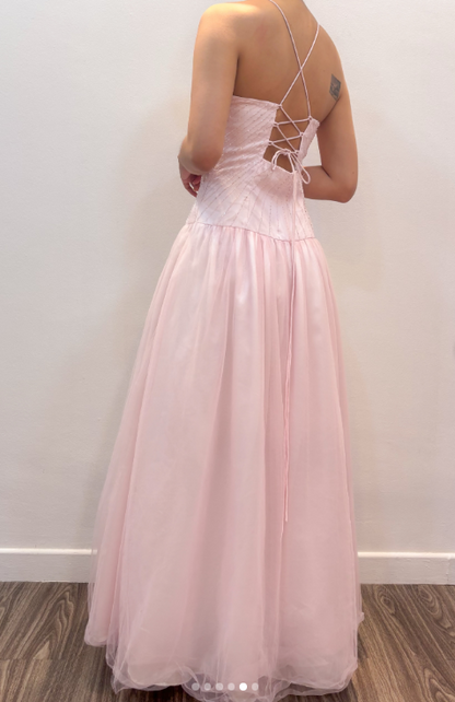 Niedliches langes Abendkleid aus Tüll in A-Linie, rosa Ballkleid DP08043