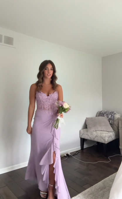 Niedliches figurbetontes langes Abendkleid aus Chiffon, lila Ballkleid DP08044