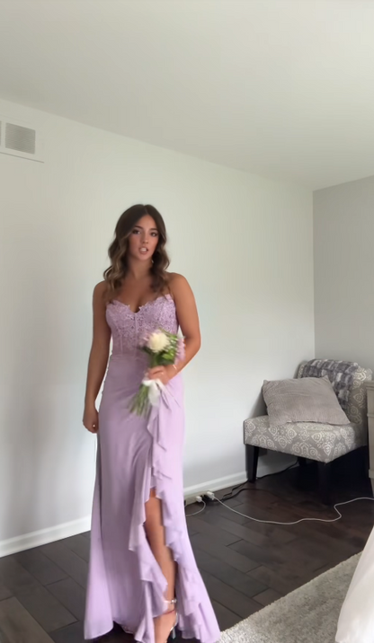 Niedliches figurbetontes langes Abendkleid aus Chiffon, lila Ballkleid DP08044