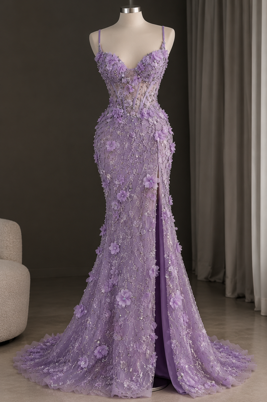 Pretty Sheath Tulle Appliques Long Evening Dress Lavender Prom Dress DP08048