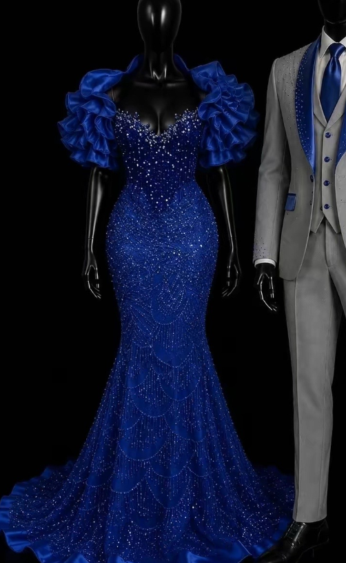 Pretty Mermaid Satin Beaded Long Evening Dress Blue Prom Dress DP08049