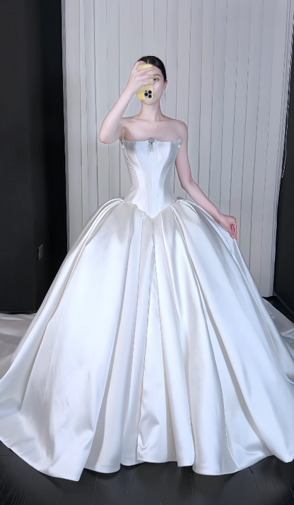 Simple A-Line Satin Wedding Dress White Bridal Dress DP08055