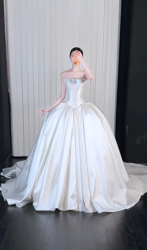 Simple A-Line Satin Wedding Dress White Bridal Dress DP08055