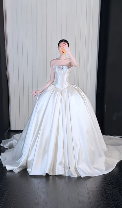 Simple A-Line Satin Wedding Dress White Bridal Dress DP08055