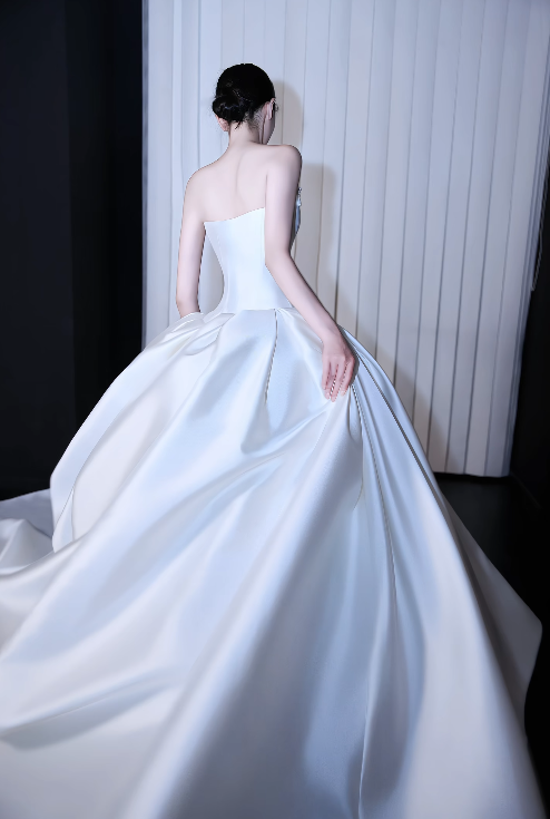 Simple A-Line Satin Wedding Dress White Bridal Dress DP08055