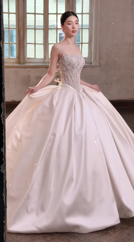 Robe de mariée simple sans bretelles en satin coupe trapèze, robe de mariée blanche DP08056