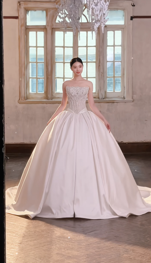 Robe de mariée simple sans bretelles en satin coupe trapèze, robe de mariée blanche DP08056
