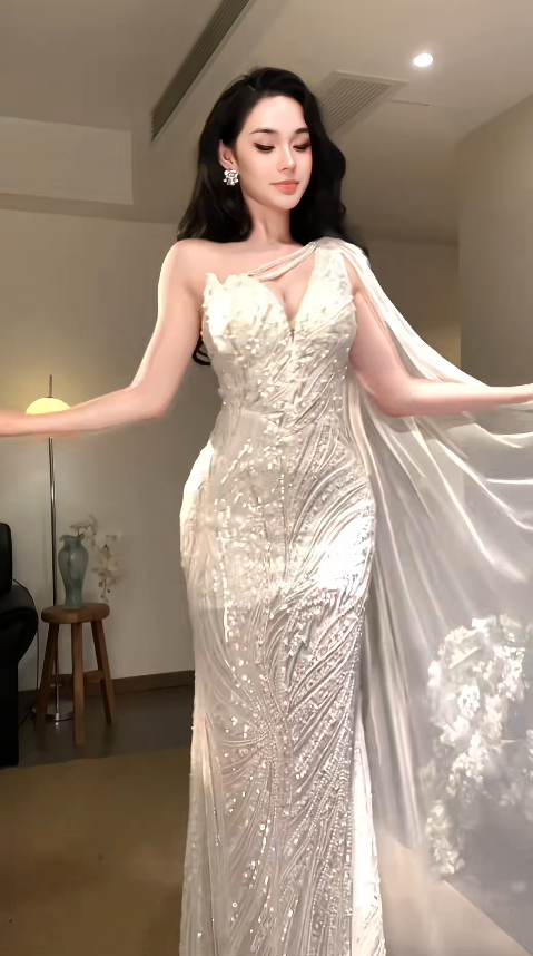 Glamouröses weißes Ballkleid, langes Abendkleid aus Chiffon mit Perlenbesatz, Modell DP08059