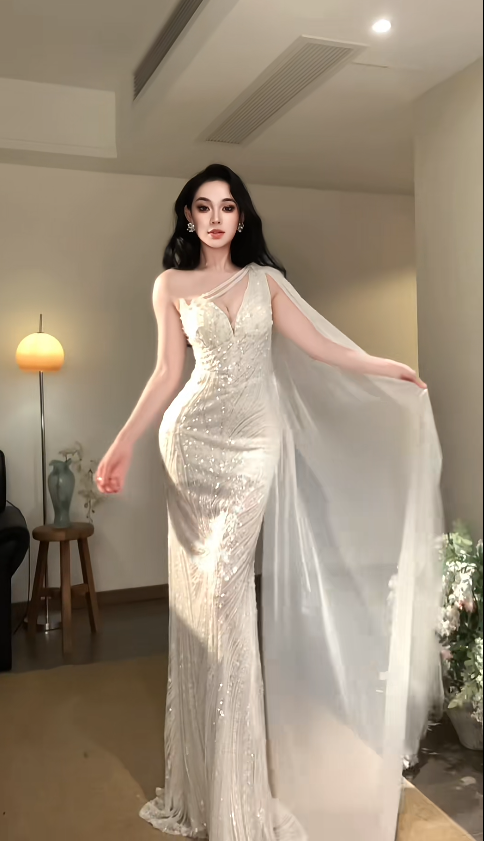 Glamouröses weißes Ballkleid, langes Abendkleid aus Chiffon mit Perlenbesatz, Modell DP08059