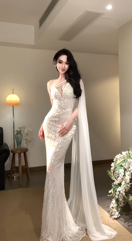 Glamouröses weißes Ballkleid, langes Abendkleid aus Chiffon mit Perlenbesatz, Modell DP08059