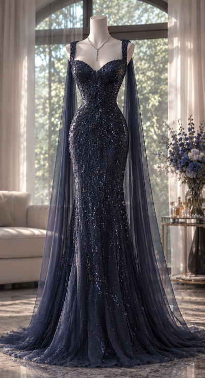 Vintage Sheath Chiffon Sequins Long Evening Dress Navy Blue Prom Dress DP08062