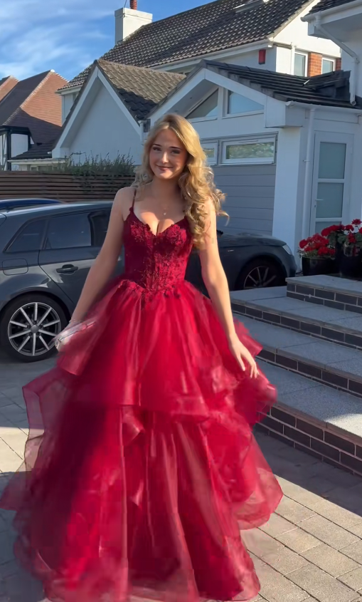 Pretty A-line Tulle Long Evening Dress Red Prom Dress DP08070