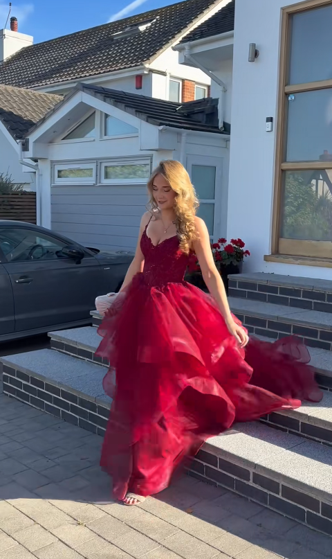 Pretty A-line Tulle Long Evening Dress Red Prom Dress DP08070