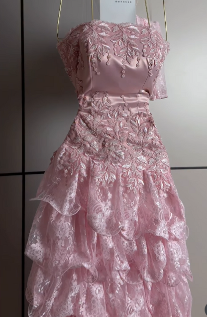 Pretty Sheath Lace Long Evening Dress Pink Prom Dress DP08075