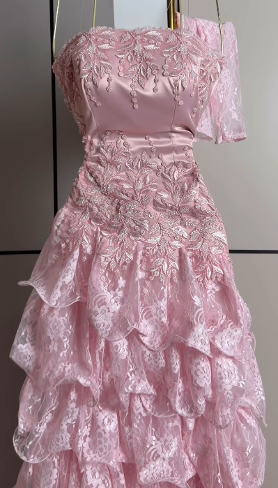 Pretty Sheath Lace Long Evening Dress Pink Prom Dress DP08075