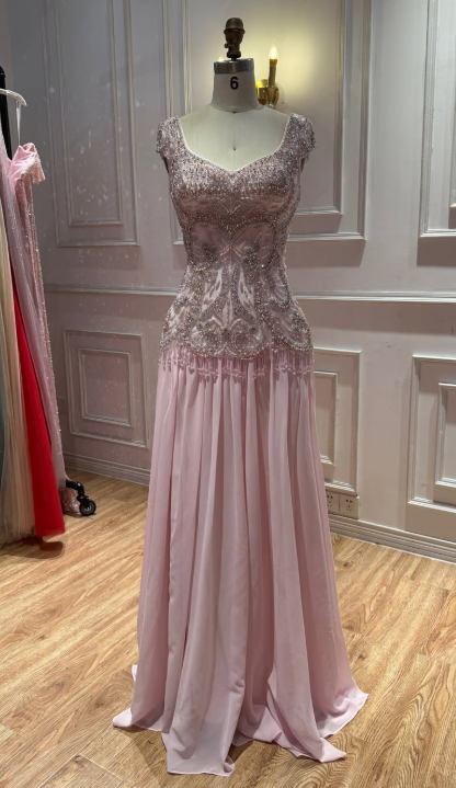 Pretty Sheath Chiffon Beaded Long Evening Dress Pink Prom Dress DP08076