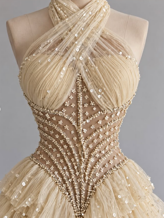 Gorgeous A-Line Tulle Sequins Long Evening Dress Yellow Prom Dress DP08084