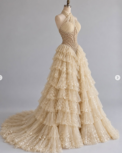 Gorgeous A-Line Tulle Sequins Long Evening Dress Yellow Prom Dress DP08084