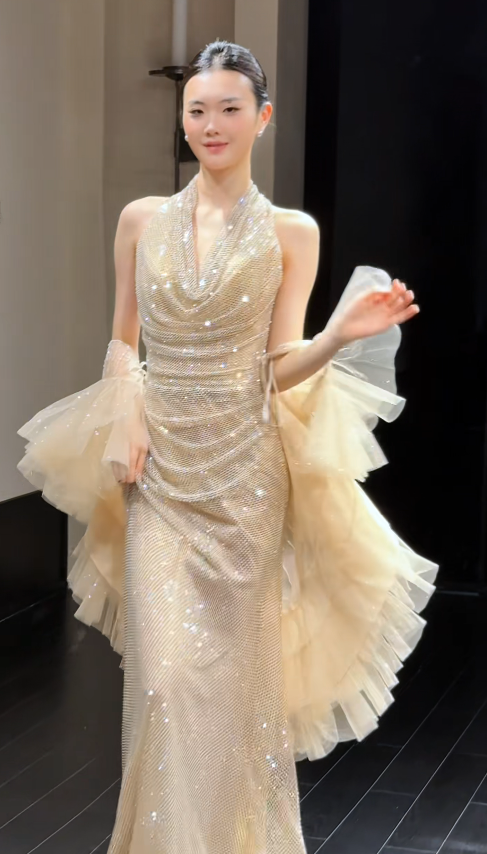 Gorgeous Sheath Chiffon Sequins Long Evening Dress ChampagneProm Dress DP08085