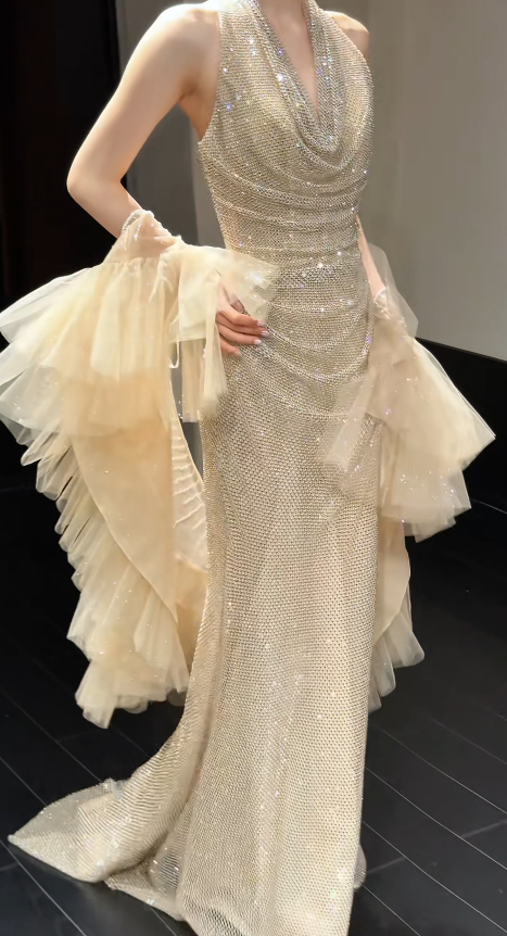 Gorgeous Sheath Chiffon Sequins Long Evening Dress ChampagneProm Dress DP08085