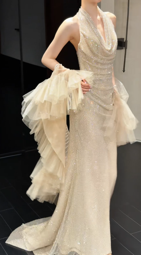 Gorgeous Sheath Chiffon Sequins Long Evening Dress ChampagneProm Dress DP08085