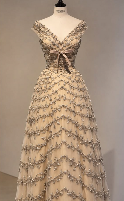 Gorgeous A-Line Tulle Beaded Long Evening Dress Champagne Prom Dress DP08087-1