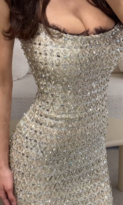 Gorgeous Sheath Beaded Satin Long Evening Dress Silver Prom Dress DP08089