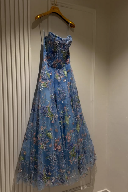 Fairy  A-Line Beaded Tulle Long Evening Dress Blue Prom Dress DP08090