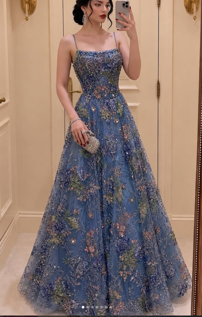 Fairy  A-Line Beaded Tulle Long Evening Dress Blue Prom Dress DP08090