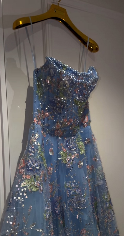 Fairy  A-Line Beaded Tulle Long Evening Dress Blue Prom Dress DP08090