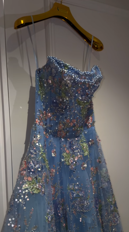 Fairy  A-Line Beaded Tulle Long Evening Dress Blue Prom Dress DP08090