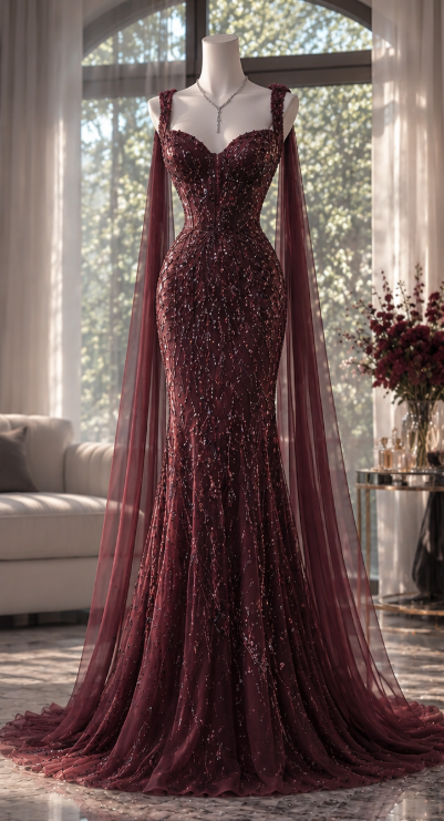 Fairy Mermaid Chiffon Sequins Long Evening Dress Burgundy Prom Dress DP08094