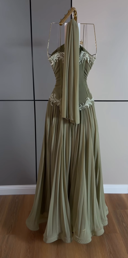 Fairy A-Line Chiffon  Long Evening Dress Olive Green Prom Dress DP08098