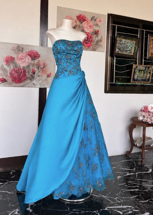 Fairy A-Line Satin Long Evening Dress Blue Prom DressDP08099