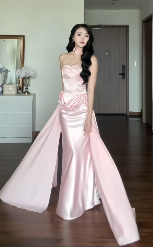 Pretty Pink Prom Dress Sheath Satin Long Evening Dress DP08103