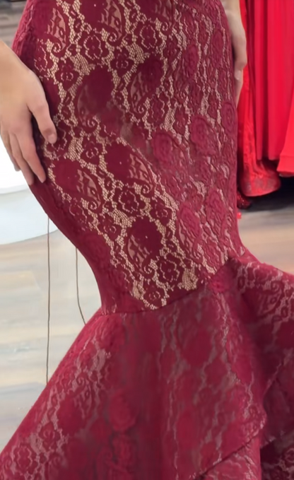 Pretty Burgundy Prom Dress Mermaid Lace Long Evening Dress DP08112