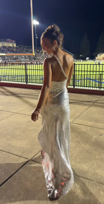 Pretty Silver Prom Dress Sheath Sequins Long Evening Dress DP08114