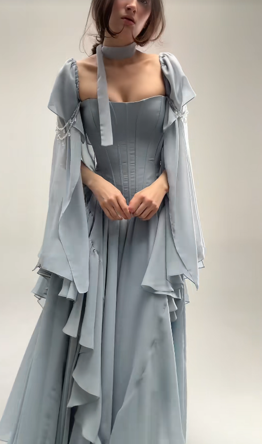 Pretty Dusty Blue Prom Dress A-Line Chiffon Long Evening Dress DP08115