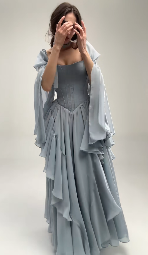Pretty Dusty Blue Prom Dress A-Line Chiffon Long Evening Dress DP08115