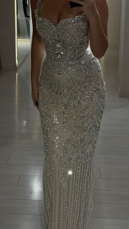 Pretty ChampagneProm Dress Sheath Tulle Beaded  Long Evening Dress DP08119