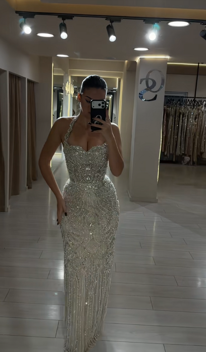 Pretty ChampagneProm Dress Sheath Tulle Beaded  Long Evening Dress DP08119