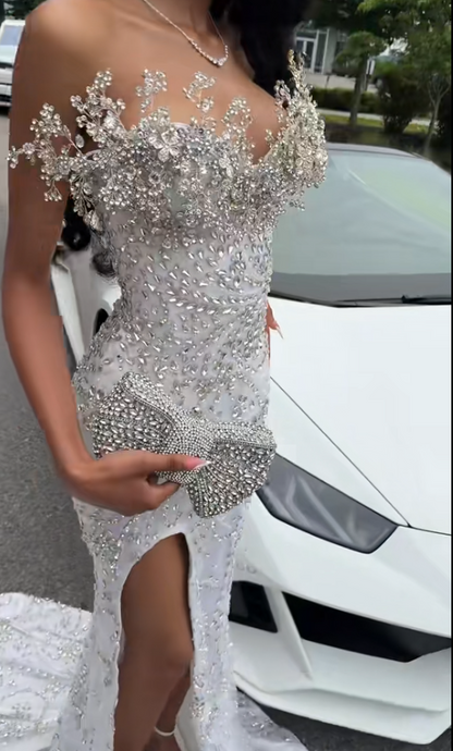Pretty Silver Prom Dress Sheath Tulle Beaded Long Evening Dress DP08121